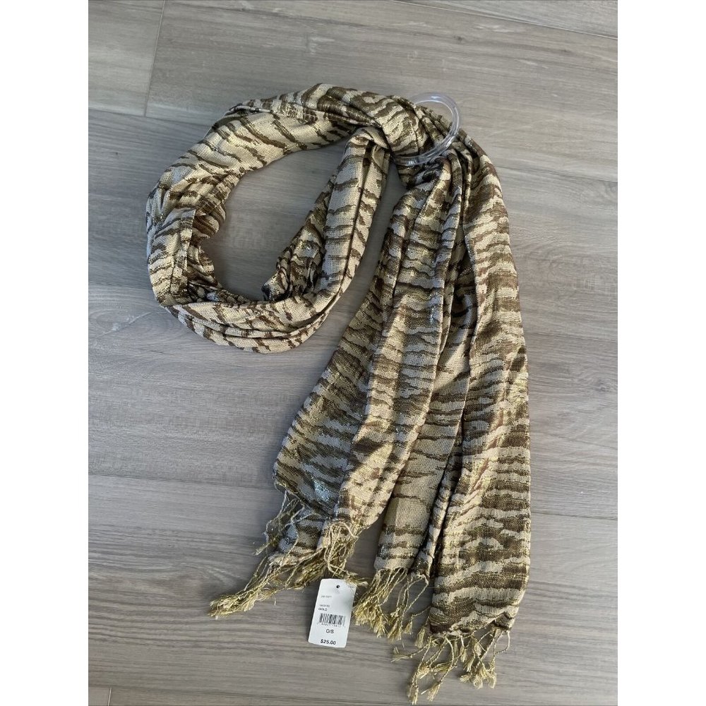 ANIMAL PRINT Scarf Brown Gold Metallic Fringe Wrap Shawl‎ Zebra Viscose New